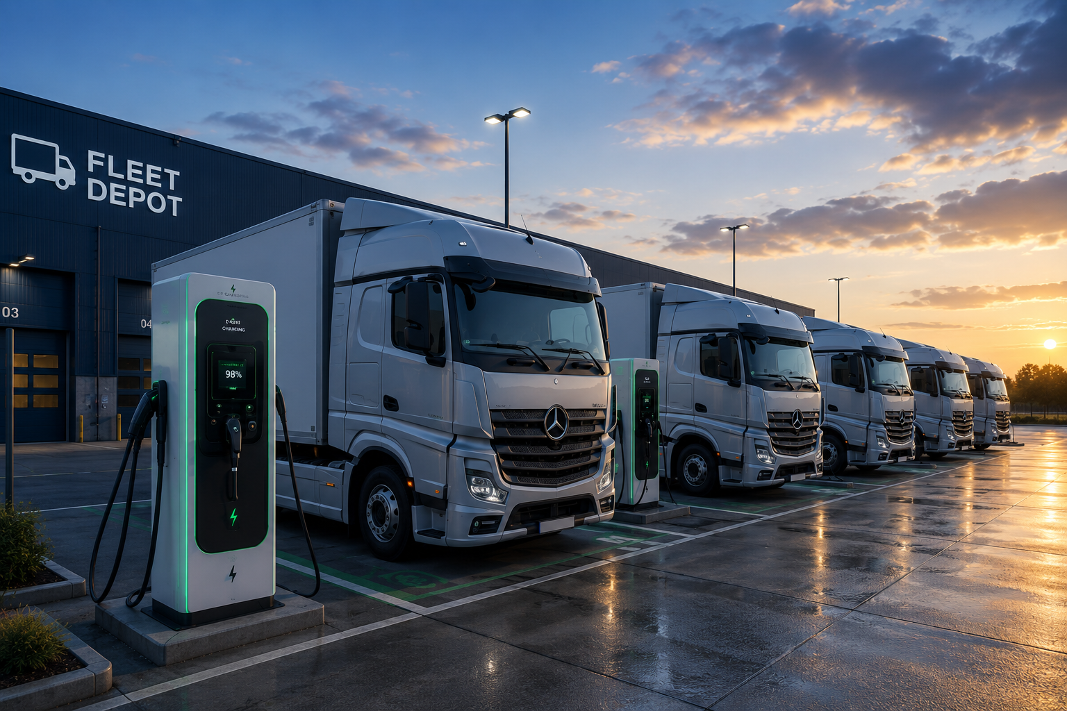 Illustrative visual of an electric HGV fleet charging depot