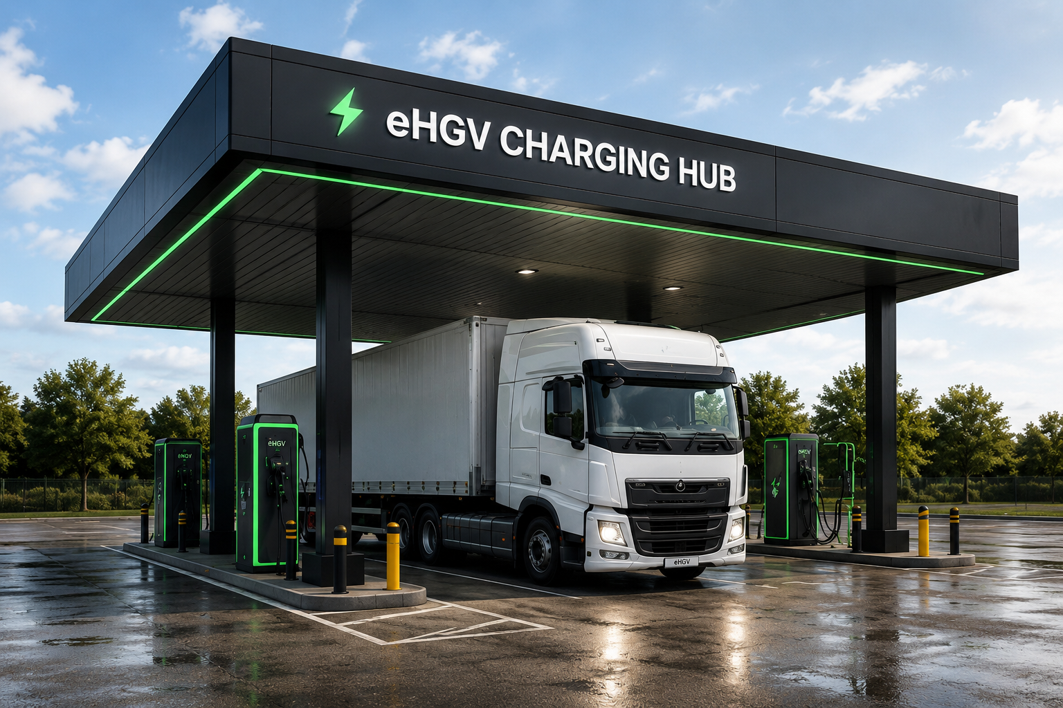 Illustrative visual of a high-power electric HGV charging hub with multiple charging bays