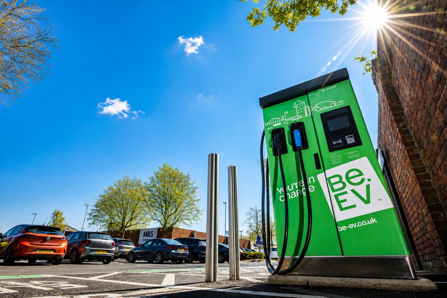 Close-up of a high-power EV charging unit at a retail destination