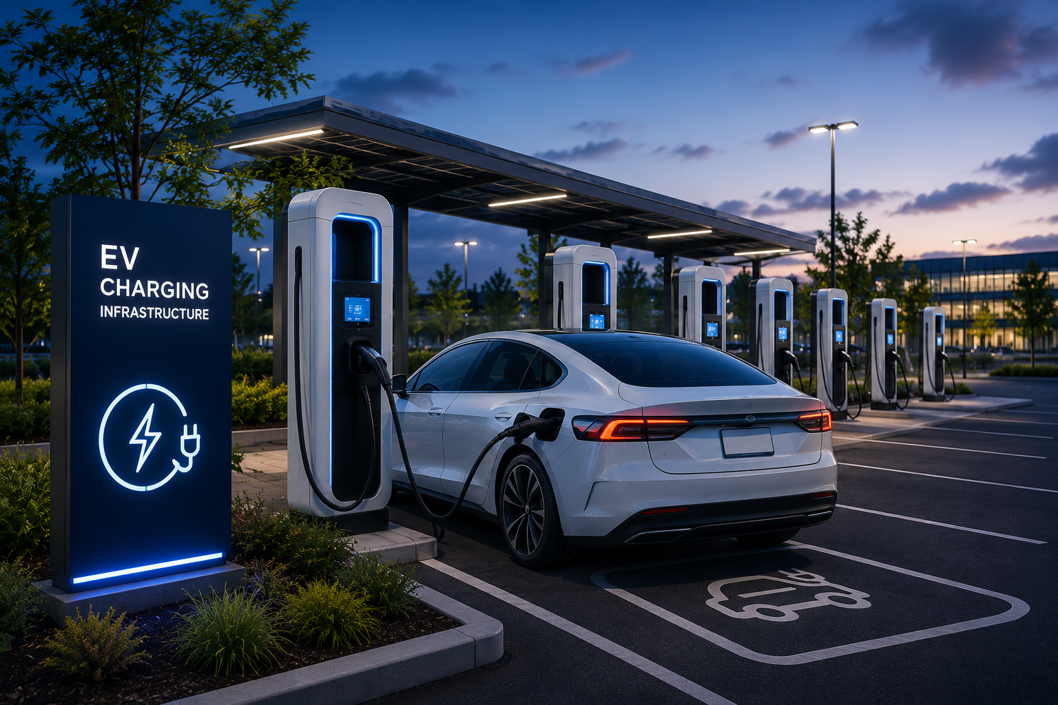 Illustrative visual of electric vehicles parked at charging bays