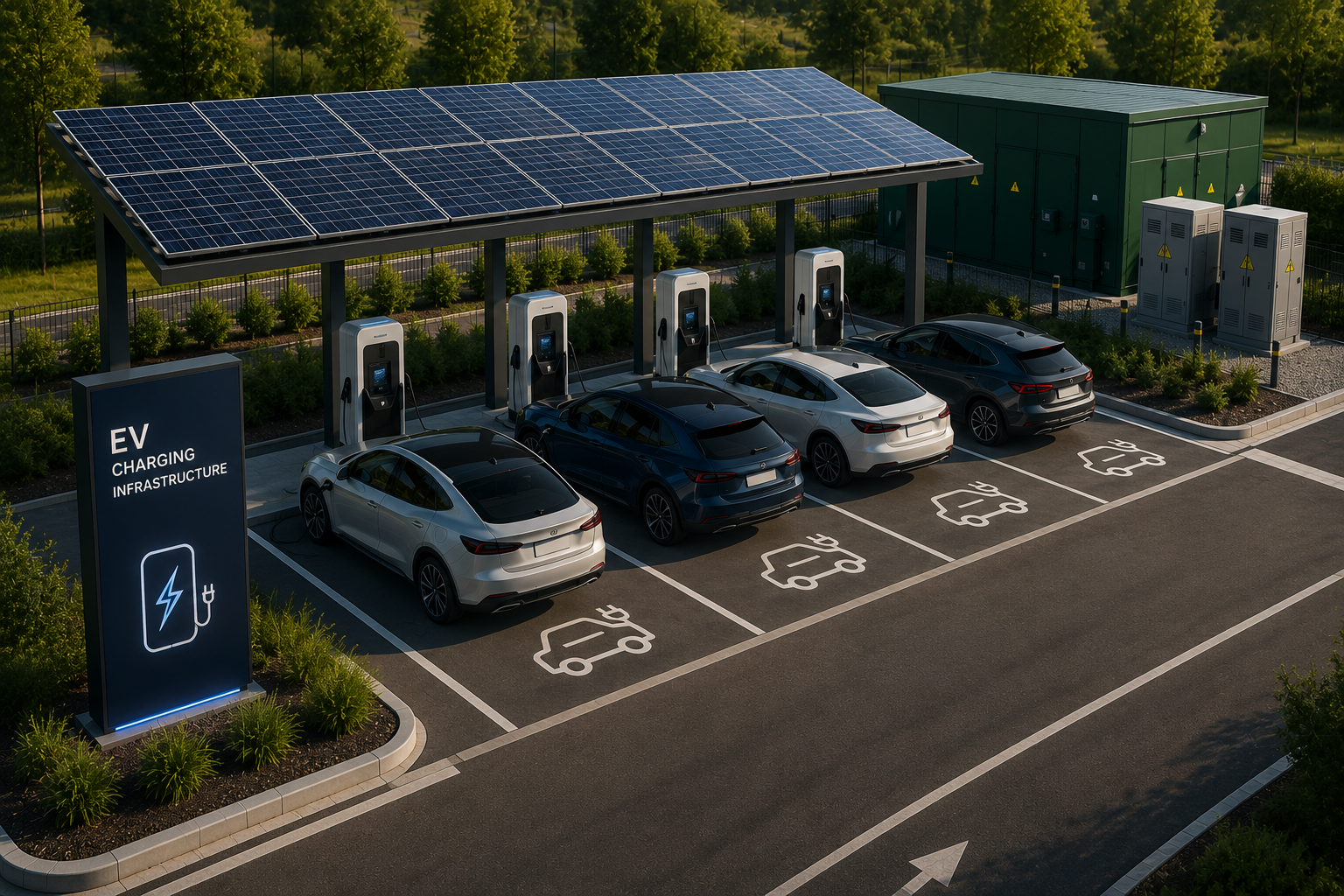 Illustrative visual of an EV charging station with multiple charging units