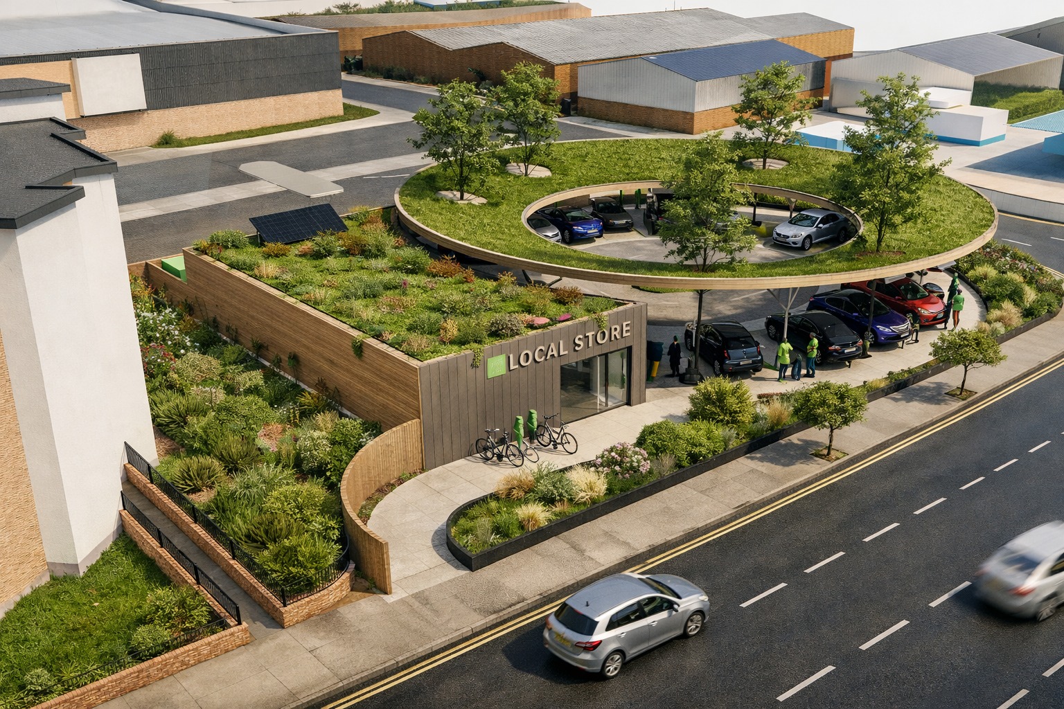Illustrative visual of a landscaped EV charging destination