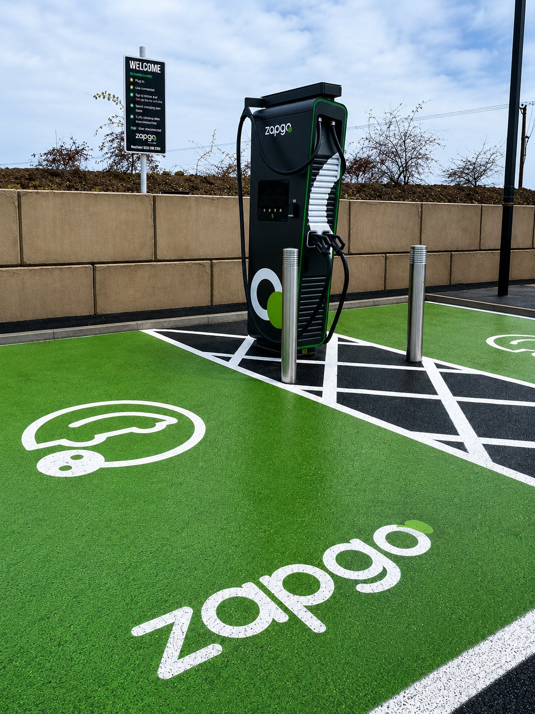 Rapid EV charging unit with green ground graphics in a public car park