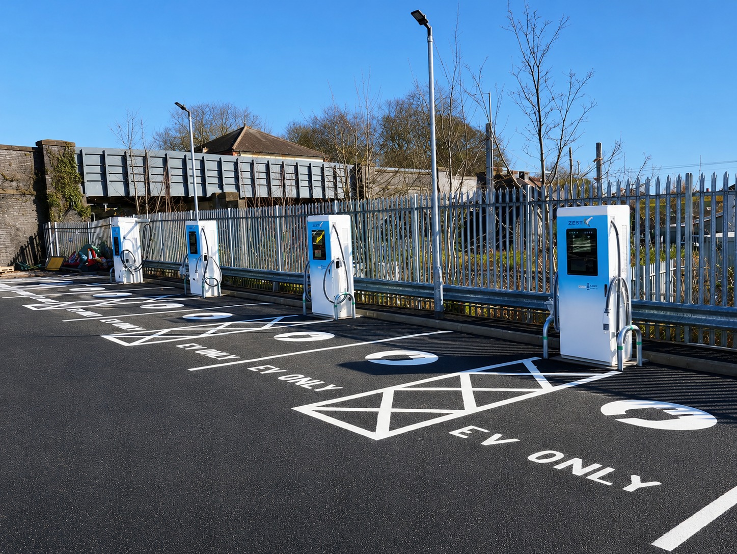 Row of EV charging units in a dedicated EV-only car park